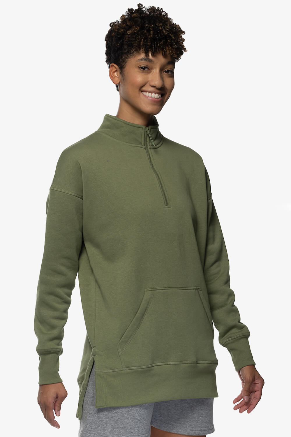 Maisy 1/4 Zip Fleece Pullover Side Slit Sweatshirt - Moss