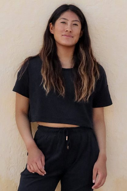  Blaire Cropped Terry Cloth Tee - Black