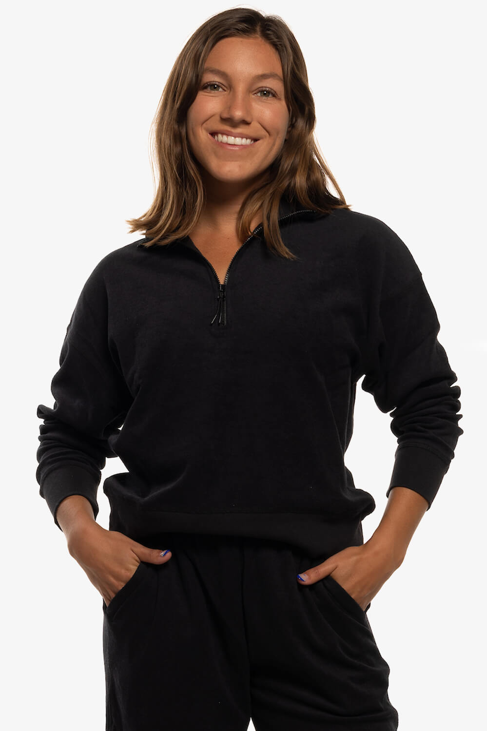  Callie Terry Cloth 1/4 Zip Pullover Sweatshirt - Black