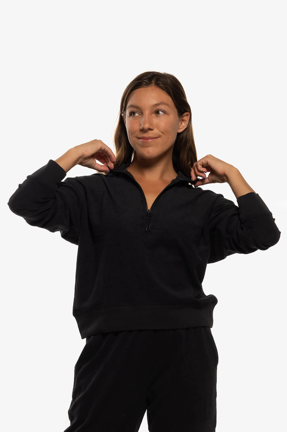  Callie Terry Cloth 1/4 Zip Pullover Sweatshirt - Black
