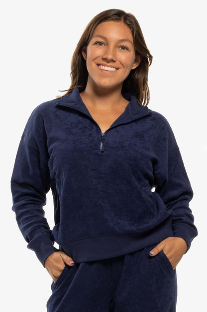  Callie Terry Cloth 1/4 Zip Fleece Pullover - Navy