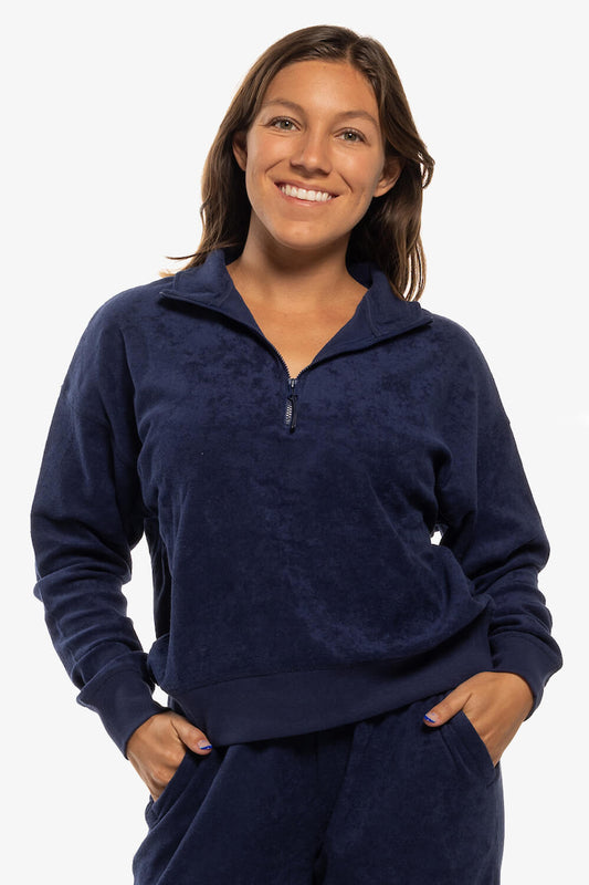  Callie Terry Cloth 1/4 Zip Fleece Pullover - Navy