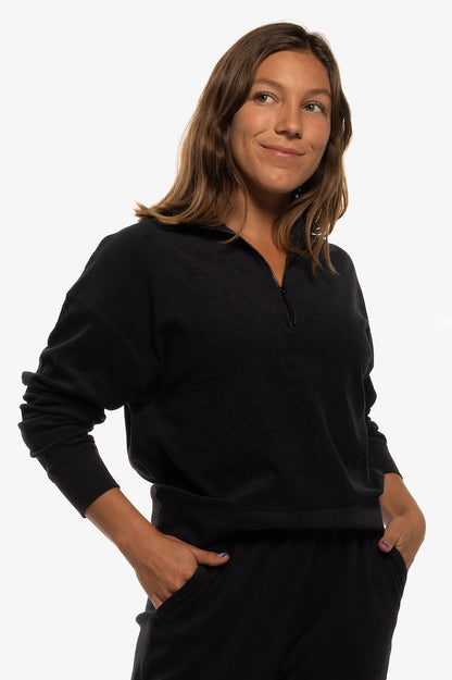  Callie Terry Cloth 1/4 Zip Pullover Sweatshirt - Black