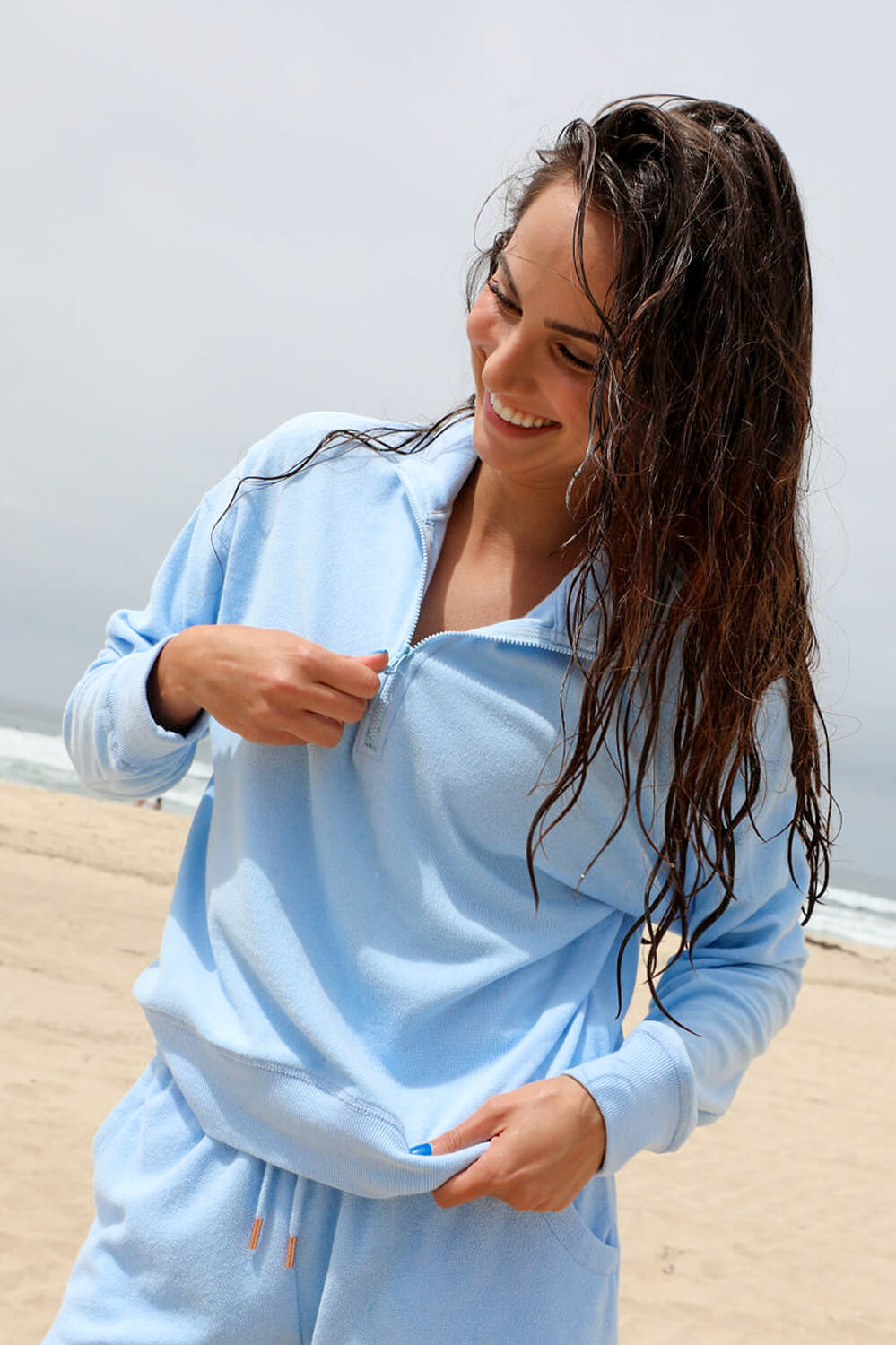  Callie Terry Cloth 1/4 Zip Pullover Sweatshirt - Sky