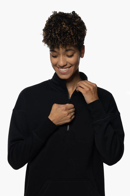  Maisy 1/4 Zip Fleece Pullover Side Slit Sweatshirt - Black