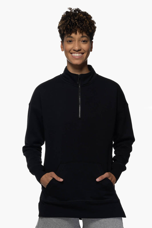  Maisy 1/4 Zip Fleece Pullover Side Slit Sweatshirt - Black