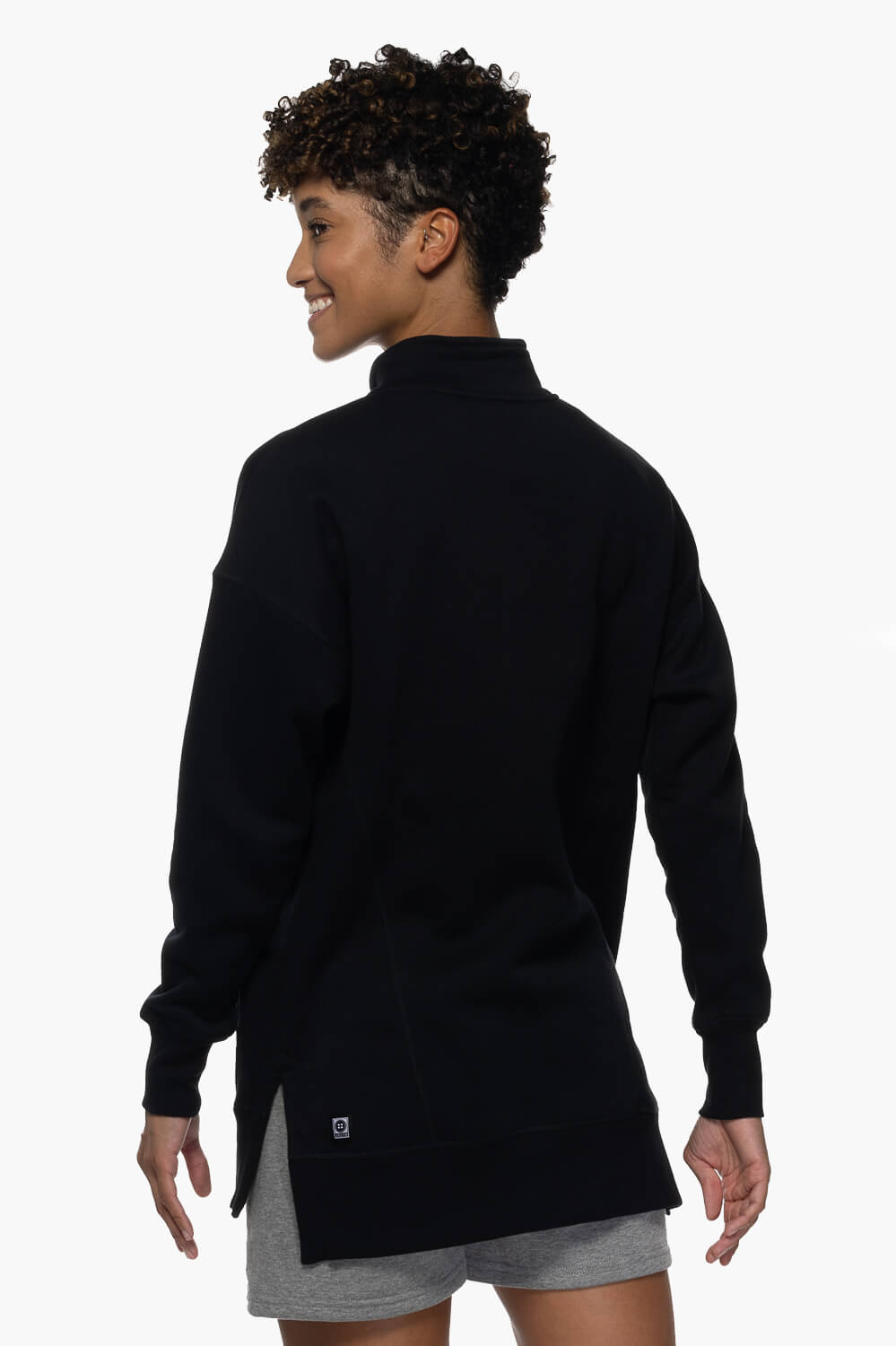  Maisy 1/4 Zip Fleece Pullover Side Slit Sweatshirt - Black