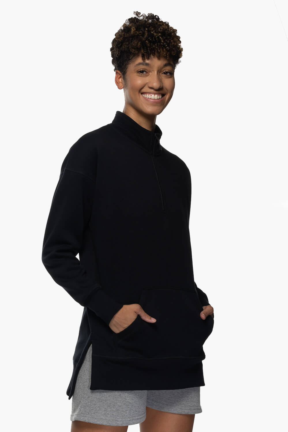 Maisy 1/4 Zip Fleece Pullover Side Slit Sweatshirt - Black
