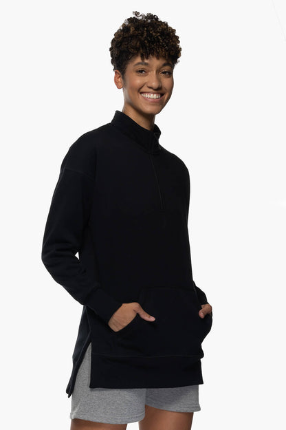  Maisy 1/4 Zip Fleece Pullover Side Slit Sweatshirt - Black