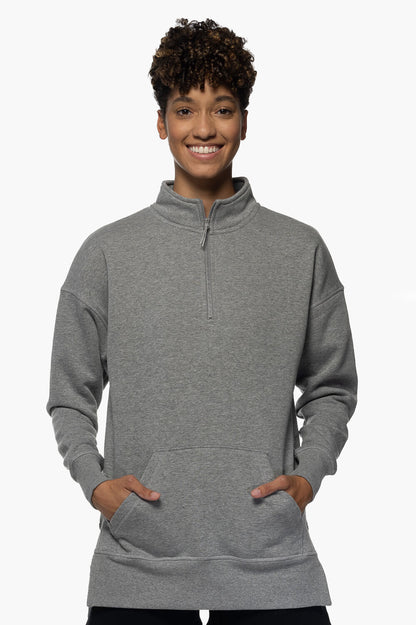  Maisy 1/4 Zip Fleece Pullover Side Slit Sweatshirt - Heather Grey