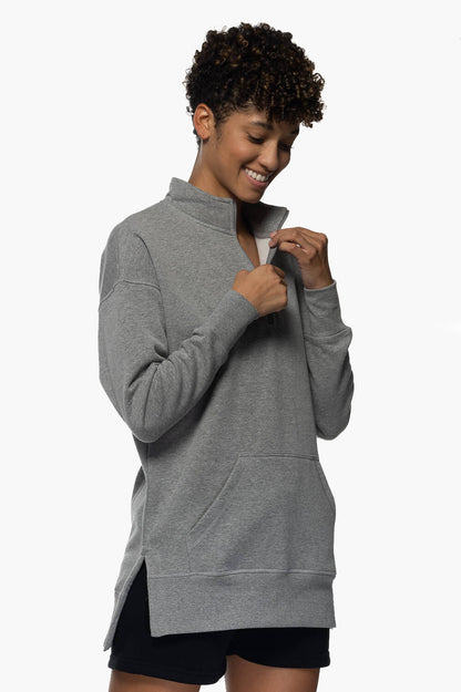  Maisy 1/4 Zip Fleece Pullover Side Slit Sweatshirt - Heather Grey