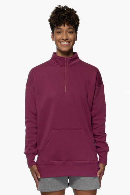  Maisy 1/4 Zip Fleece Pullover Side Slit Sweatshirt - Plum