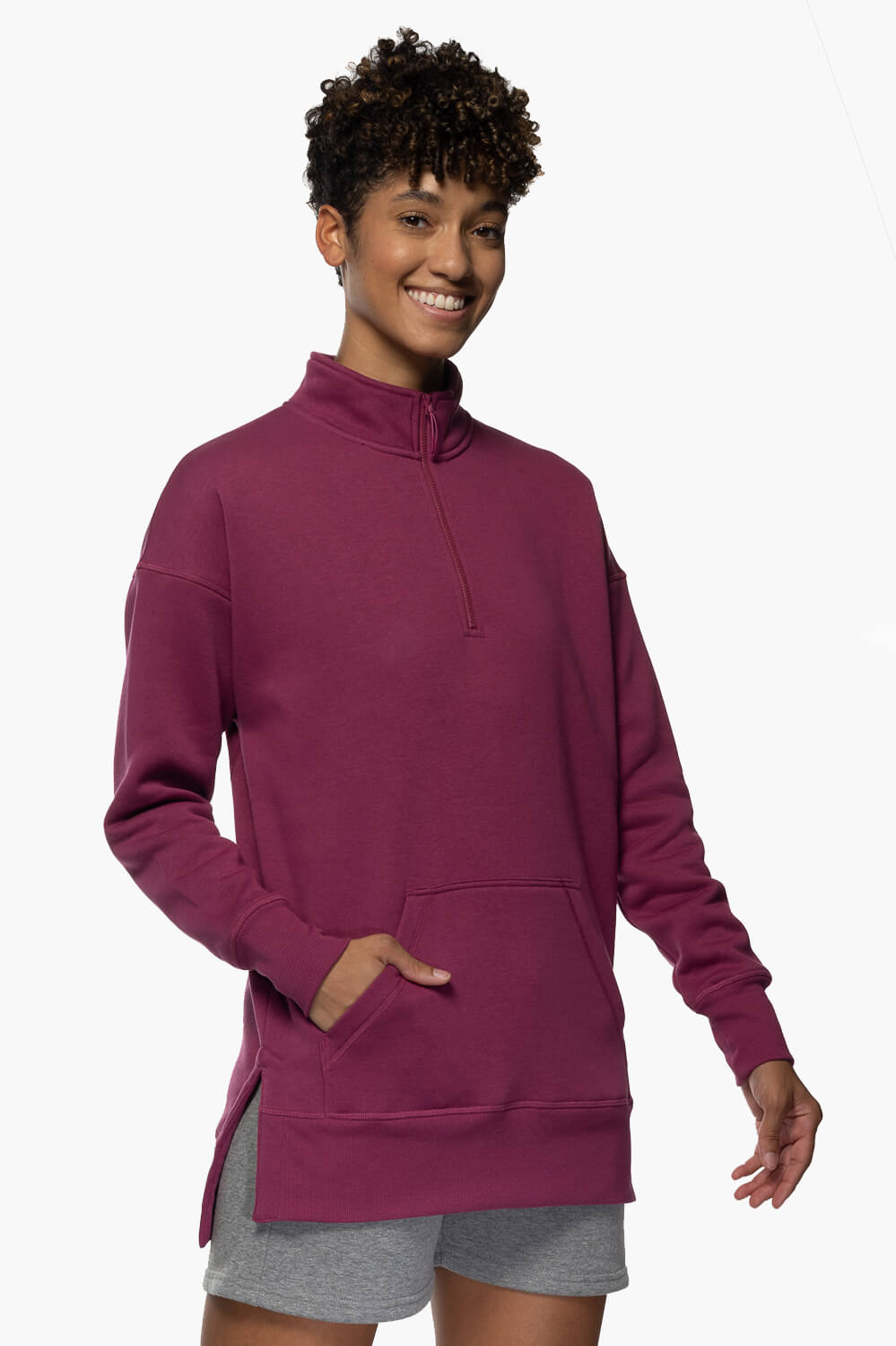  Maisy 1/4 Zip Fleece Pullover Side Slit Sweatshirt - Plum