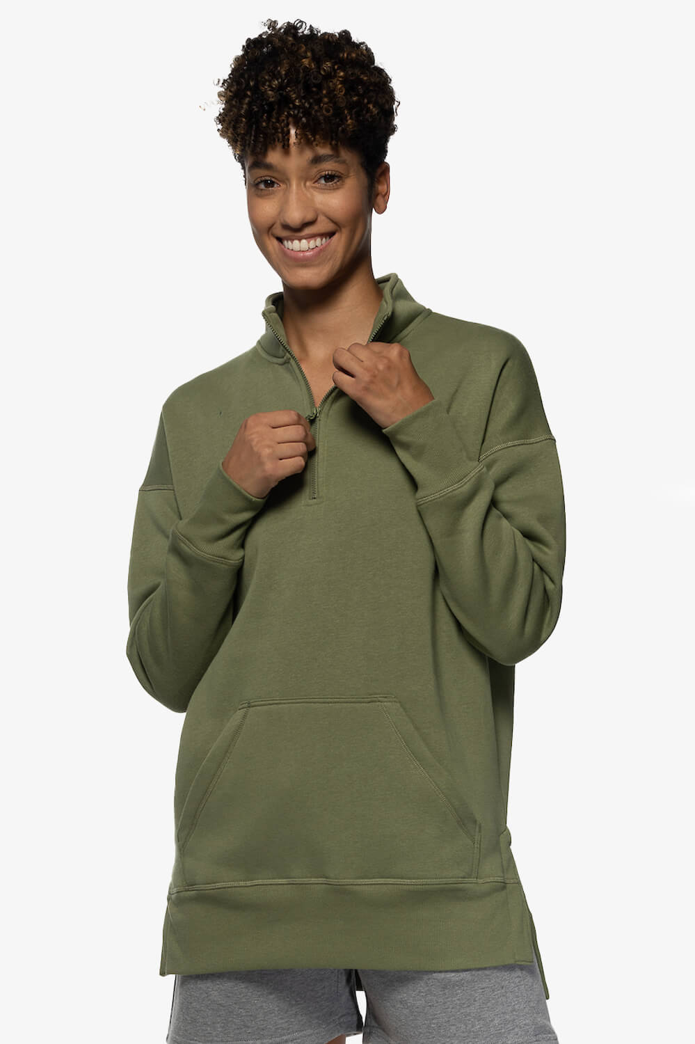  Maisy 1/4 Zip Fleece Pullover Side Slit Sweatshirt - Moss